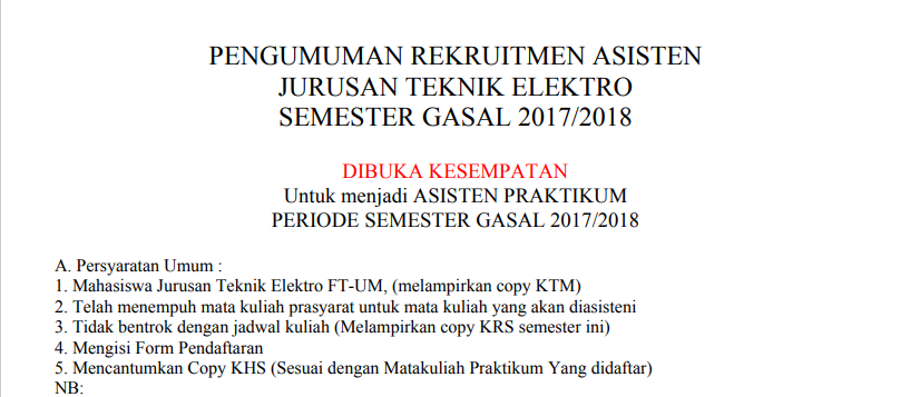 (Revisi 28-8-2017) Rekrutmen Asisten Praktikum Semester Gasal 2017/2018