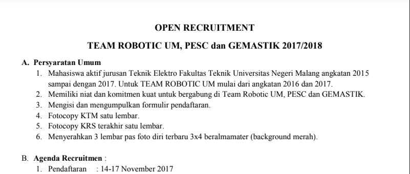 Open Recruitment Tim Robotik, PESC, dan GEMASTIK