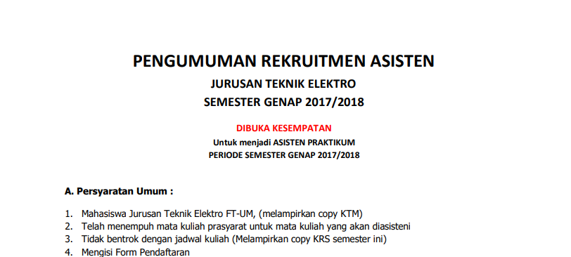 Rekrutmen Asisten Praktikum Semester Genap Tahun Ajaran 2017/2018