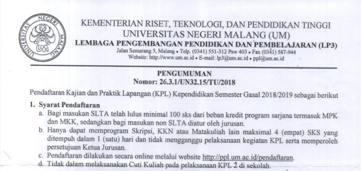 Pengumuman KPL Kependidikan Semester Gasal 2018/2019